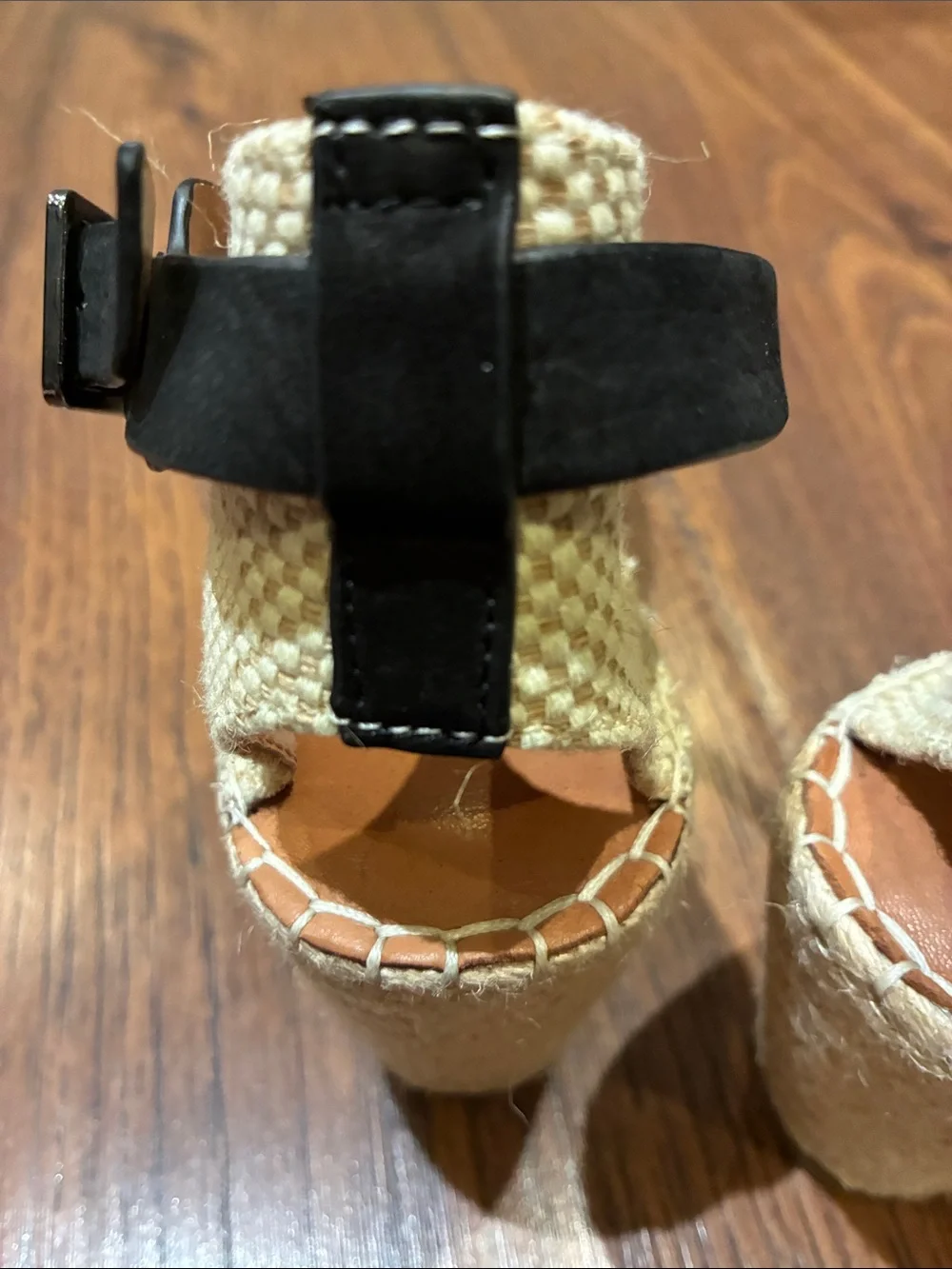 gentle souls Black Leather Espadrille Wedge Sandals with Ankle Strap